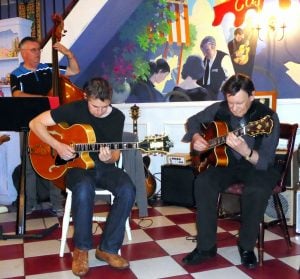 Trefor Owen with Andy Hulme and Dave Turner (double bass) at the Cheadle Jazz Guitar Club. Andy playing my Guild Artiste Award.